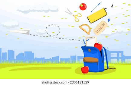 Pupils backpack with accessories for learning. Opened bag with school stationery and supplies. Back to school colorful poster. Student backpack exploding with education objects. Vector illustration