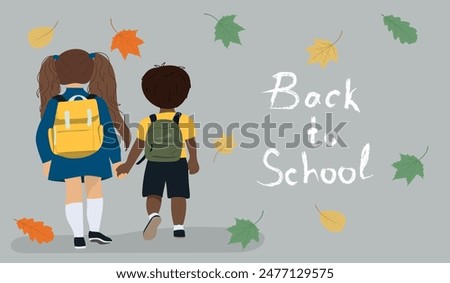 Pupils with backpack go to school hoding hands. Back to school concept. 