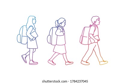 Pupils With Backpack Going To School. Rainbow Colours In Linear Vector Illustration.