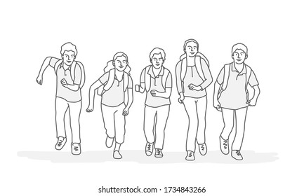 Pupils with Backpack Running to School. Line drawing vector illustration.