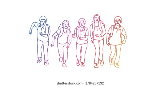 Pupils with Backpack Running to School. Rainbow colours in linear vector illustration. 