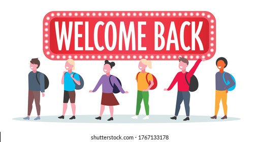 pupils with backpacks standing together welcome back board coronavirus quarantine is over back to school concept full length horizontal vector illustration