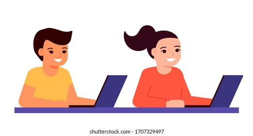 Pupils Boy Girl Sitting On Laptop Stock Vector (Royalty Free ...