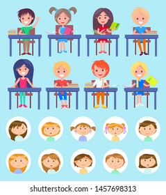 Pupils boys and girls learning disciplines vector, school lesson. Children with books and textbooks reading and writing, schoolboy and schoolgirl studying. Back to school concept. Flat cartoon