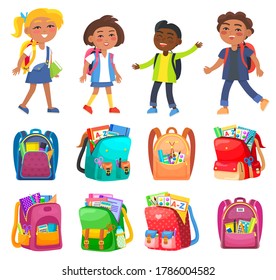 Pupils characters with backpack school bag with notebook and pencil paints and tassels. Smiling children, girl and boy student, classmates vector, set of backpaks. Back to school concept. Flat cartoon