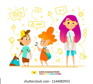 Pupils characters communication. Modern lifestyle trends. People group