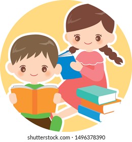 Pupils. Children having rest. School, childhood, friends. Books, globe. Vector illustration. Flat design.