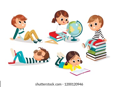 Pupils. Children scholar freshman sophomore having rest after doing study learning. School, childhood, friends. Books, globe. Vector illustration. Flat design.