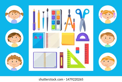 Pupils or children, school supplies or stationery vector. Pen and pencil, brush and paint, scissors and divider, textbook and notebook, ruler and eraser. Back to school concept. Flat cartoon