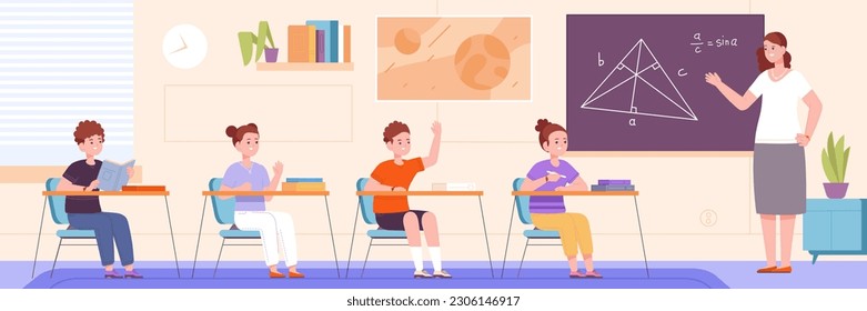 Schüler im Klassenzimmer. Kinder-Schülergruppe und Lehrer im Chalkboard-Schulunterricht, Cartoon-Kinder, die Unterrichtsstunden studieren, Vorleser-Unterrichtsschüler auf VorlesungsVektorgrafik des Gruppenunterrichts