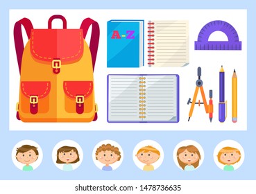 Pupils classmates and big satchel vector, textbooks and supplies. Notebook paper, pencil and pen, ruler for algebra classes, students in circle frames. Back to school concept. Flat cartoon
