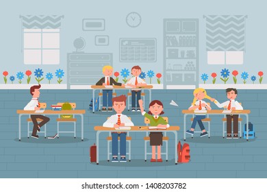 Schüler in der Klassenzimmer Wohnung Vektorillustration Illustration. Kinder, die an den Schreibtischen sitzen. Jungen und Mädchen Cartoon-Figuren mit Uniform. Klassenkameraden in der Unterrichtsstunde, Klassenfarbenzeichnung. Grundschulbildung
