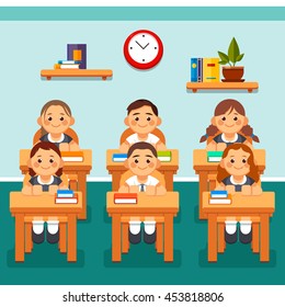 Pupils in the classroom front. Elementary school. Flat style illustration.
