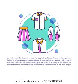 Pupils clothing article page vector template. Boys, girls uniform. Brochure, magazine, booklet design element with linear icons and text boxes. Print design. Concept illustrations with text space