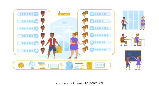 Pupils Constructor Character, Emotions, Scenes Set. Boy and Girl in Classroom on Seats, at Blackboard, in Front of School Entrance, in Hall Locker Room. Accessories for Study. Vector Illustration