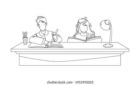 Pupils Doing Homework Together At Table Black Line Pencil Drawing Vector. Boy And Girl Doing Homework At Desk. Characters Reading Book And Writing Home Work Togetherness, Education Time Illustration