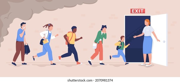 Pupils Evacuation From School Building Flat Color Vector Illustration. Students And Staff Emergency Leaving. Kids Follows Escape Route 2D Cartoon Characters With Educational Facility On Background