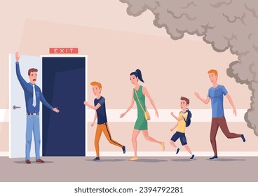 Pupils evacuation from school building flat color vector illustration. Students and staff emergency leaving. Kids follows escape route 2D cartoon characters with educational facility