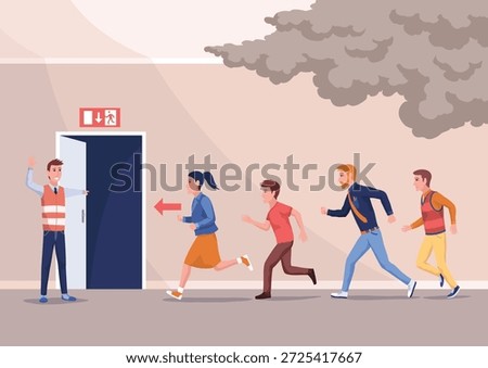 Pupils evacuation from school building flat color vector illustration. Students and staff emergency leaving. Kids follows escape route 2D cartoon characters with educational facility