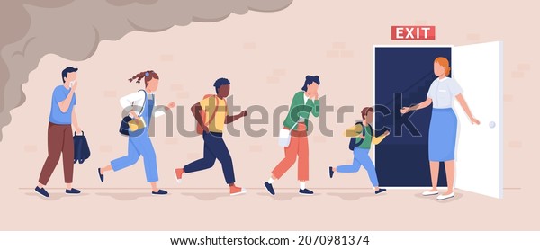 Pupils evacuation from school building flat\
color vector illustration. Students and staff emergency leaving.\
Kids follows escape route 2D cartoon characters with educational\
facility on background