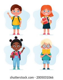 Pupils Girls and boys with school bags, books and pencil. Happy school children characters. Back to school concept. Vector illustration in cartoon style