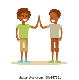 Pupils giving each other a high five. TwoYoung African American boy. Cartoon character illustration Isolated on white background. Stock vector for poster, greeting card, website, ad.