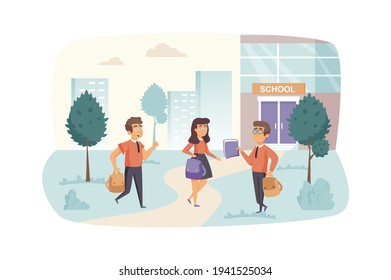 Die Schüler gehen zurück in die Schulszene. Schulmädchen und Schuljungen mit Schultaschen eilen zum Unterricht. Grundschulbildung, Wissenstag, Lernkonzept. Vektorgrafik von Menschen-Zeichen in flachem Design