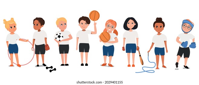 Pupils go in for sports. Vector illustration.