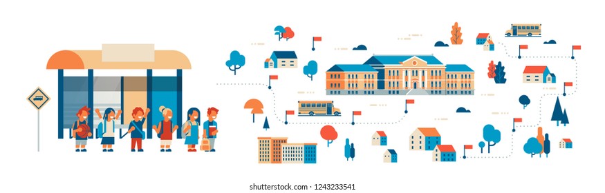 pupils going to school map isometric building yard bus station success study concept isolated horizontal banner flat