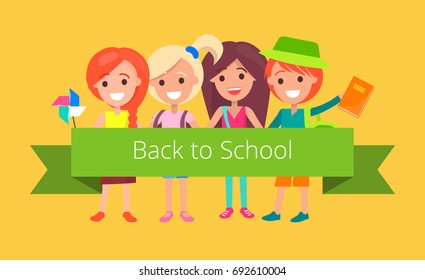 Pupils in good mood ready to go back to school and hold green wide ribbon. Vector colorful illustration presenting finish of summer