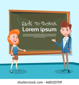 Pupils Group Over Class Board Back To School Banner Flat Vector Illustration