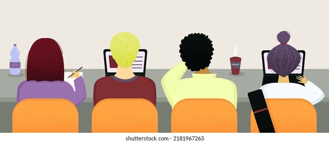 Pupils group sitting in the audience. Education concept class room with students. Vector