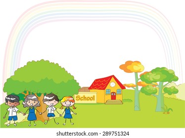 Pupils holing hand with blank frame
