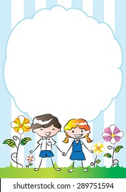 Pupils holing hand with blank frame