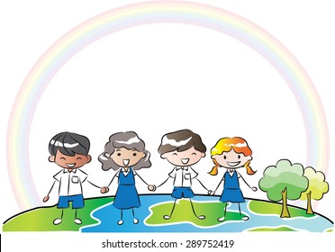 Pupils holing hand with blank frame