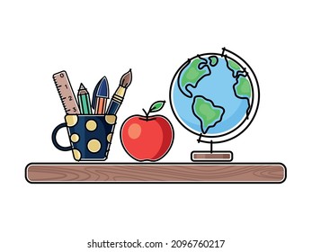 Pupil's items on a wooden shelf. Pen, pencil, brush and ruler in a cup, apple and globe. Vector illustration