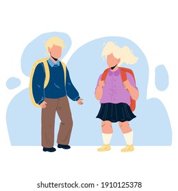 Pupils Kids With Backpack Staying Together Vector. Pupils Boy And Girl Going To Elementary School On Educational Lesson. Characters Children Schoolboy And Schoolgirl Studying Flat Cartoon Illustration