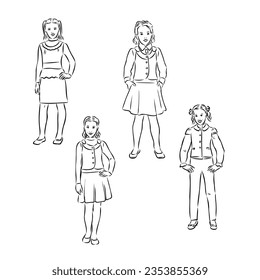 Pupils Kids With Backpack Staying Together Black Line Pencil Drawing