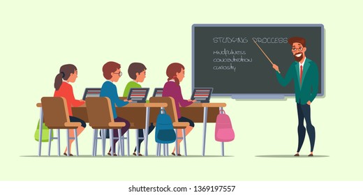 Pupils at lesson flat vector illustration. Students in classroom drawing. University, college education. Teacher cartoon character pointing at chalkboard. Children studying, using laptops