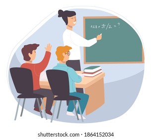 Pupils listening to teacher on lesson, kids sitting by desk in class. Classmates leaning new disciplines in school. Tutor helping kids to study, explaining and giving examples. Vector in flat style