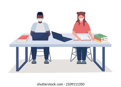 Pupils in masks studying semi flat color vector characters. Sitting figures. Full body people on white. Learning isolated modern cartoon style illustration for graphic design and animation