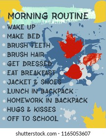 Pupil's morning routine. Back to school theme. A beautifully designed daily schedule for school-age children, with abstract spots of paint, autumn leaves. 