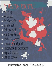 Pupil's morning routine. Back to school theme. A beautifully designed daily schedule for school-age children, with abstract spots of paint, autumn leaves. 