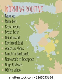 Pupil's morning routine. Back to school theme. A beautifully designed daily schedule for school-age children, with abstract spots of paint, autumn leaves. 