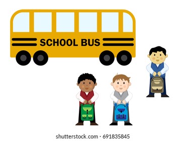 Pupils near the school bus, vector illustration