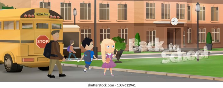 Pupils on background of school in vector. School yellow bus near school building. Horisontal banner