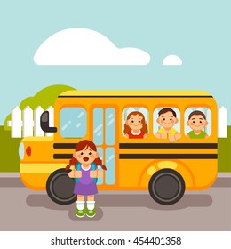 Pupils on the school bus ride to school.Modern flat style illustration.