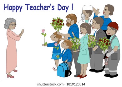 Pupils and people of different professions come to congratulate their teacher with Teachers day. World Teacher's Day greeting card.
