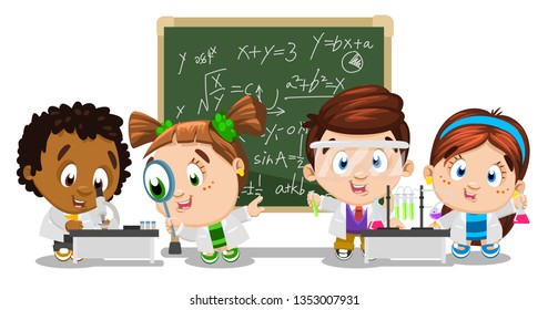 Pupils perform researches, make experiments in the chemistry class with chalkboard. Girls and boys work in laboratory. Science for kids. Cartoon vector illustration on white background.