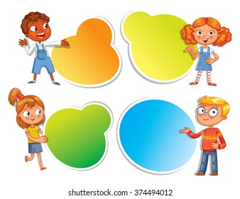 Pupils pointing at a poster. Ready for your message. Colorful template for advertising brochure with a cute happy kid. Funny cartoon character. Vector illustration. Isolated on white background